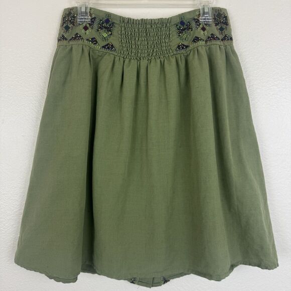 Anthropologie Maeve Embroidered Linen Cotton Button Front Smocked Skirt Green 6 - Picture 11 of 16